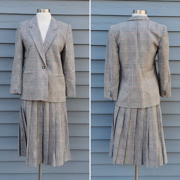 Vintage 90s Talbots Pink Gray Herringbone Glen Plaid Skirt Blazer Suit Set Sm - Picture 9 of 9